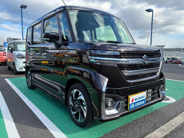 スペーシアカスタム カスタム　ＨＹＢＲＩＤ　ＸＳ　ナビ　全方位カメラ　両側ＰＳＤ　バックカメラ　オートライト　Ｂｌｕｅｔｏｏｔｈ　スライドドア　純正ナビ　プッシュスタート　シートヒーター　オートエアコン　スズキセーフティーサポート　アイドリングストップ　横滑り防止機能（3枚目）