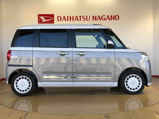 ムーヴキャンバス ストライプスＧターボ　２ＷＤ　ターボ　　両側電動スライドドア　オートライト　衝突被害軽減システム　横滑り防止機能　プッシュスタート　スマートキー　オートエアコン　電動格納ドアミラー　アイドリングストップ　ＡＢＳ　新品ナビ（6枚目）