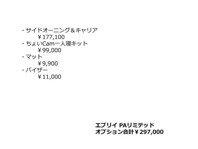 PAリミテッド 【低金利3.9%】オプション総額29万円 ちょいCam一人寝キット サイドオーニング ルーフキャリア セーフティサポート装着車 マット・バイザー 両側スライドドア ハイビームアシスト ソナー USB(5枚目)