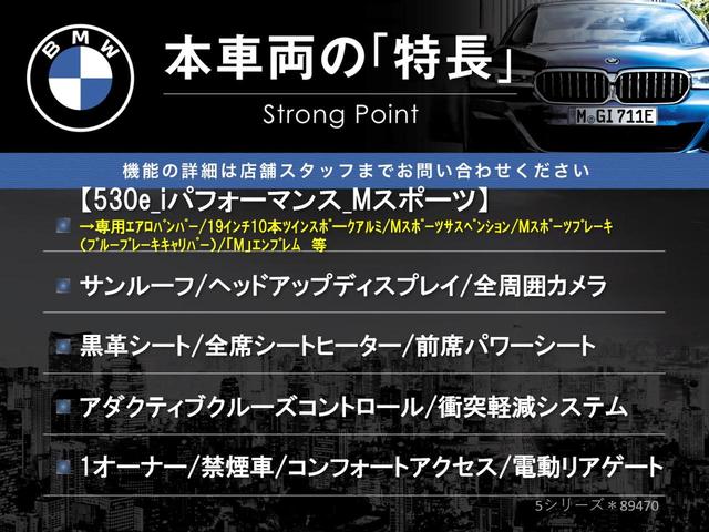 ５３０ｅ　Ｍスポーツアイパフォーマンス　サンルーフ　黒革シート　禁煙車　全方位カメラ　レーダークルーズ　純正ナビ　全席シートヒーター　レーンキープ　ブラインドスポット　パワーバックドア　ＬＥＤヘッドライト　コンフォートアクセス　１オーナー(3枚目)