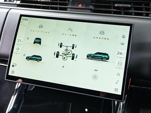 オールホイールステアリング搭載！前輪だけでなく、後輪も７．３°まで操舵されます。レンジローバースポーツの大きいボディでも最小回転半径５．３ｍを実現！