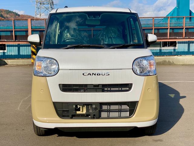 ムーヴキャンバス ストライプスX 届出済み未使用車 スマートアシスト 両側電動スライドドア イージークローザー スマートキー プッシュスタート ハロゲンヘッドライト 電動格納ミラー オーディオレス クリアランスソナー フルタイム4WD(2枚目)