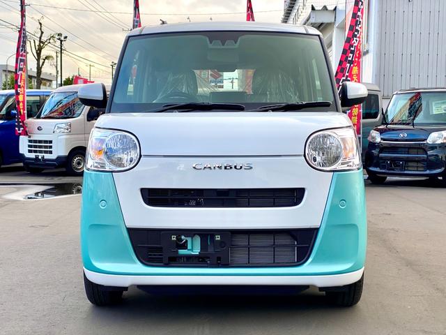 ムーヴキャンバス ストライプスX 届出済み未使用車 スマートアシスト 両側電動スライドドア イージークローザー スマートキー プッシュスタート ハロゲンヘッドライト 電動格納ミラー オーディオレス クリアランスソナー フルタイム4WD(2枚目)