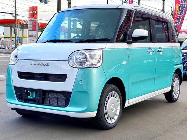 ムーヴキャンバス ストライプスX 届出済み未使用車 スマートアシスト 両側電動スライドドア イージークローザー スマートキー プッシュスタート ハロゲンヘッドライト 電動格納ミラー オーディオレス クリアランスソナー フルタイム4WD(3枚目)