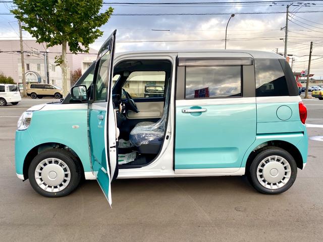 ムーヴキャンバス ストライプスX 届出済み未使用車 スマートアシスト 両側電動スライドドア イージークローザー スマートキー プッシュスタート ハロゲンヘッドライト 電動格納ミラー オーディオレス クリアランスソナー フルタイム4WD(5枚目)