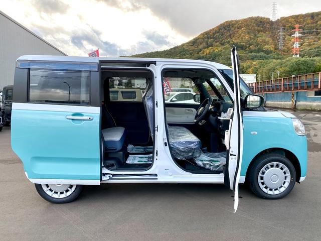 ムーヴキャンバス ストライプスX 届出済み未使用車 スマートアシスト 両側電動スライドドア イージークローザー スマートキー プッシュスタート ハロゲンヘッドライト 電動格納ミラー オーディオレス クリアランスソナー フルタイム4WD(13枚目)