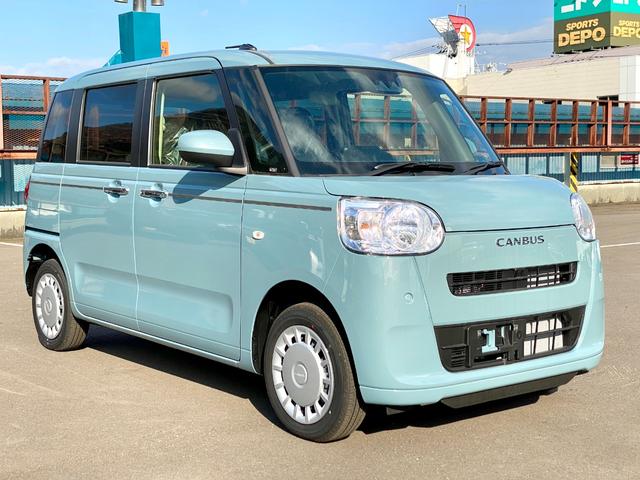 ムーヴキャンバス セオリーX 届出済み未使用車 スマートアシスト 両側電動スライドドア イージークローザー スマートキー プッシュスタート ハロゲンヘッドライト 電動格納ミラー オーディオレス クリアランスソナー フルタイム4WD(12枚目)