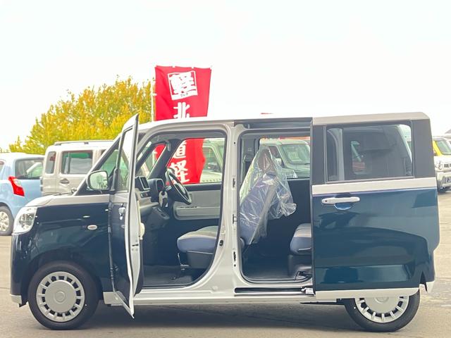 ムーヴキャンバス ストライプスX 届出済み未使用車 スマートアシスト 両側電動スライドドア イージークローザー スマートキー プッシュスタート 電動格納ミラー オーディオレス アイドリングストップ クリアランスソナー 4WD(7枚目)