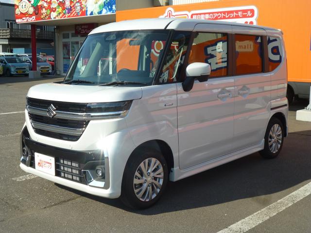 スペーシアカスタム ハイブリッドGS 追突被害軽減ブレーキ イモビ ベンチS PS WエアB LEDランプ ESP Sヒーター エアバック キーフリーキー オートLED ABS スマートキー&プッシュスタート AAC フルフラット 4WD(2枚目)