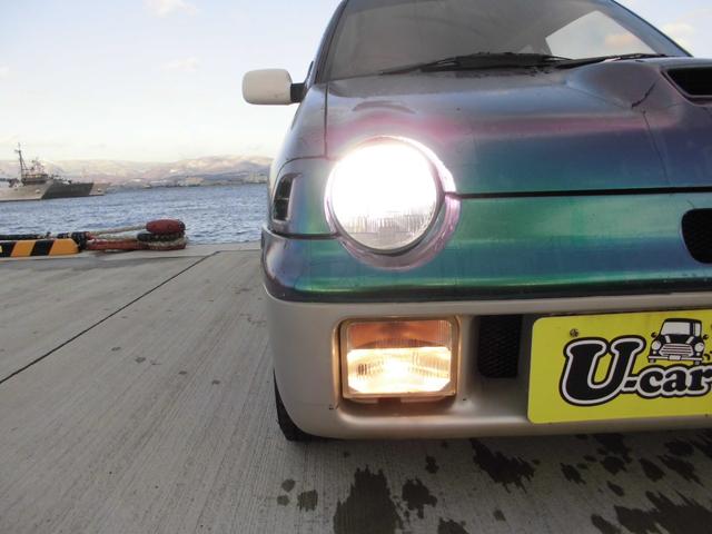 アルトワークス ＲＳ／Ｒ　５ＭＴ　４ＷＤ　ツインカムＩＣターボ　ＲＳ－Ｒダウンサス　社外ラテラルロッド　ＬＥＤヘッド　砲弾スポーツマフラー　タイベル交換済　ラッピング　社外ハンドル　ＥＴＣ　関東仕入れサビ無し　修復歴無し（7枚目）