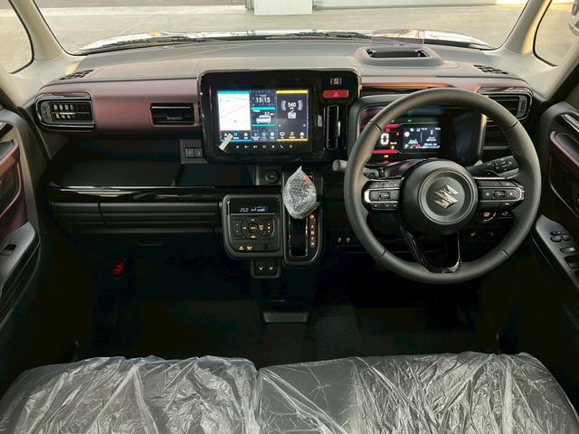スペーシアカスタム ハイブリッドＸＳターボ　４ＷＤ　届出済未使用車　スズキコネクト対応純正９インチナビ　アラウンドビューモニター　フルセグＴＶ　Ｂｌｕｅｔｏｏｔｈ　両側電動スライドドア　シートヒーター　衝突被害軽減ブレーキ　ステアリングヒーター（5枚目）