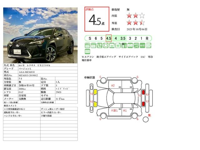 ＵＸ ＵＸ２５０ｈ　バージョンＬ　寒冷地仕様　ブルートゥースオーディオ　ワンオーナー　レザーシート　ＥＴＣ２．０　ドラレコ　サンルーフ　追従クルコン　全周囲カメラ　シートヒーター　シートエアコン　パワーシート　クリアランスソナー（2枚目）