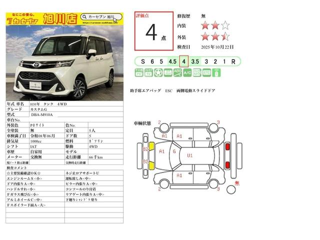 タンク カスタムG 衝突被害軽減装置 両側PSD Bluetooth クルーズコントロール シートヒーター 地デジ バックカメラ 4WD オートライト スマートキー LEDライト DVD(2枚目)