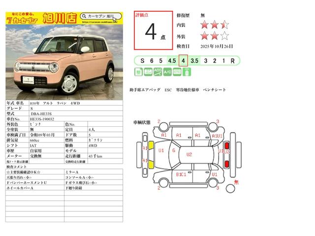 アルトラパン Ｓ　夏冬タイヤ付き　エンジンスターター付き　寒冷地　ワンオ－ナ－　シートヒータ　ブレーキサポート　フルオートエアコン　フルタイム４ＷＤ　ＥＴＣ　パワーウインドウ　ＬＥＤランプ（2枚目）