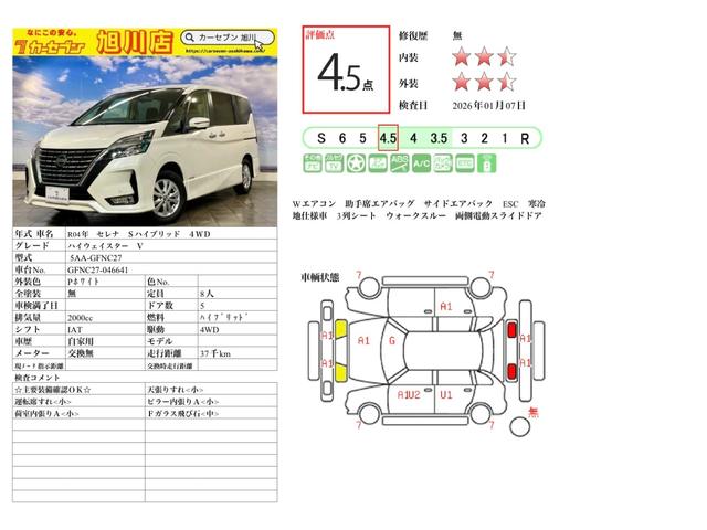 セレナ ハイウェイスターＶ　寒冷地仕様　Ｂｌｕｅｔｏｏｔｈ搭載　ＥＴＣ　ＬＥＤライト　ドラレコ　衝突被害軽減　前後ソナー　ウォークスルー　両側パワ－スライドドア　アラウンドビュ－モニター　パーキングアシスト　追従クルーズ　４ＷＤ（2枚目）