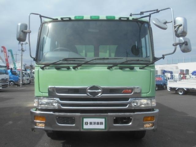 　深ダンプ　上物新明和製　２デフ　積載９．６ｔ　荷台寸法５３０ｘ２２１ｘ１００　荷台床鉄板張り　電動天蓋コボレーン付　土砂禁　Ｖ８エンジン　３９０馬力　７速ミッション(3枚目)