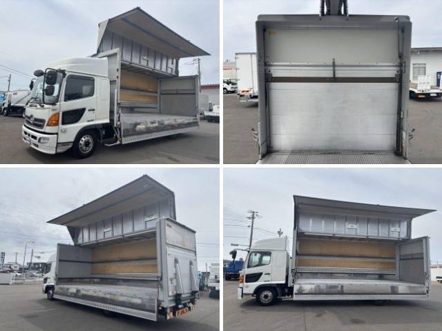ヒノレンジャー 　ＰＧ付アルミウイング　上物フルハーフ製　荷台寸法６２９ｘ２３９ｘ２２９　荷台床アルミ板　積載２．２ｔ　跳ね上げＰＧ付（庫内リモコン付）　ＰＧ昇降能力１０００ｋｇ　ハイルーフ　アルミホイール装着（24枚目）