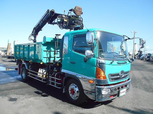 ヒノレンジャー  ヒアブクレーン付深ダンプ ヒアブクレーン(099) チューリップ型グラップル 回転式グラップル トップシート有 極東開発製深ダンプ 土砂禁 積載5.1t 増トン車 走行8.4万km ダンプ後方下開き(2枚目)