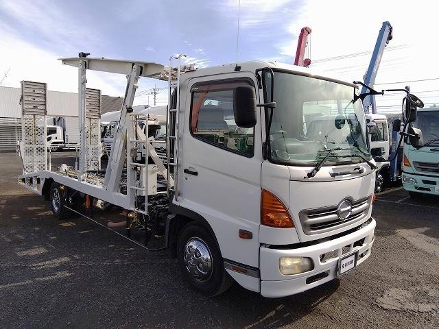 ヒノレンジャー 車両運搬車 2台積み 上物丸文製 積載3.05t 上物内寸580×215 自動歩み付 歩み寸法(1本)326×58 バックモニター付 ETC付 走行38.4万km 6速ミッション(2枚目)