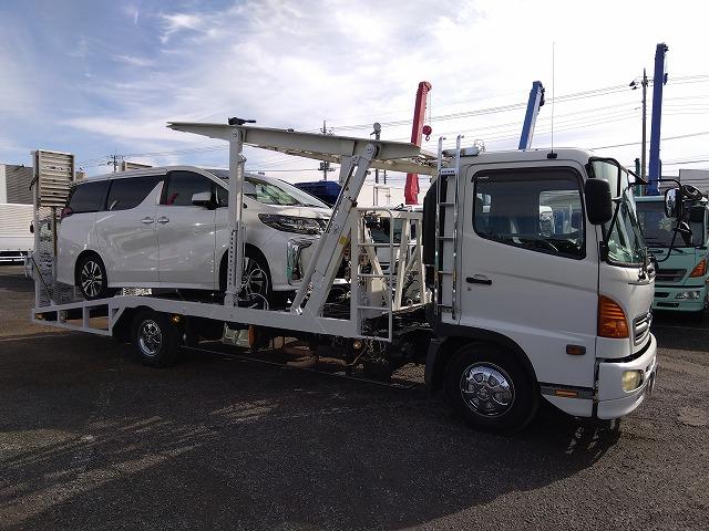 ヒノレンジャー 車両運搬車 2台積み 上物丸文製 積載3.05t 上物内寸580×215 自動歩み付 歩み寸法(1本)326×58 バックモニター付 ETC付 走行38.4万km 6速ミッション(24枚目)