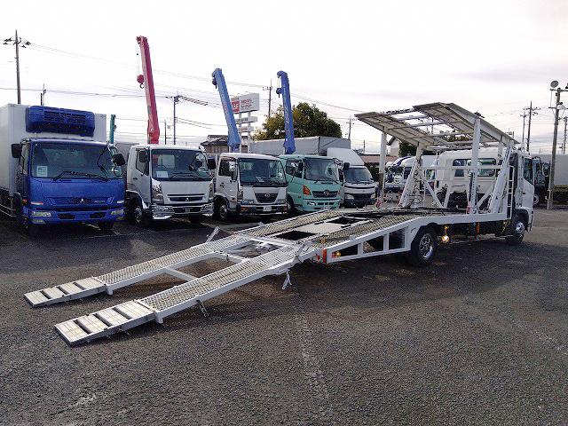 ヒノレンジャー 車両運搬車 2台積み 上物丸文製 積載3.05t 上物内寸580×215 自動歩み付 歩み寸法(1本)326×58 バックモニター付 ETC付 走行38.4万km 6速ミッション(36枚目)