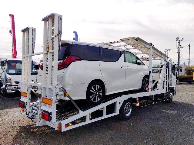 ヒノレンジャー 車両運搬車 2台積み 上物丸文製 積載3.05t 上物内寸580×215 自動歩み付 歩み寸法(1本)326×58 バックモニター付 ETC付 走行38.4万km 6速ミッション(44枚目)