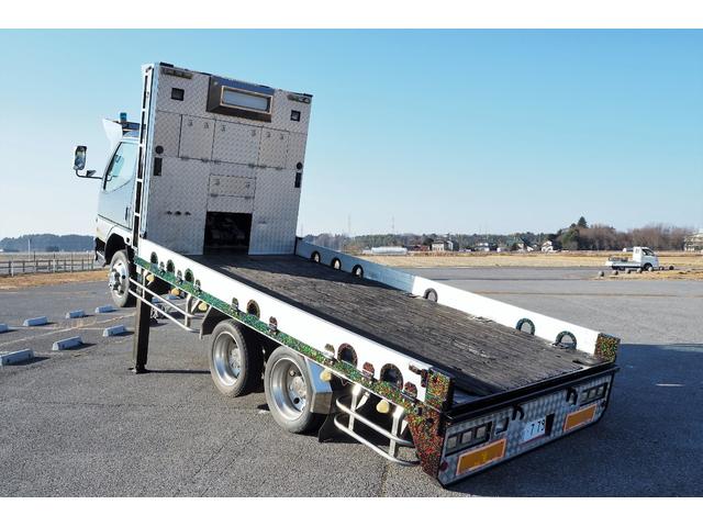 キャンター 三菱ふそう フジタボディ製 型式ｄｌ ハイジャッキ セルフローダー 重機回送車 ３軸 リアエアサス ウインチ付 積載３ ８ｔ 内フック付 荷台内寸４３０幅２０７ｃｍ 総輪アルミホイール 栃木県 フジタボディ製 型式ｄｌ ハイジャッキ セルフローダー 重機