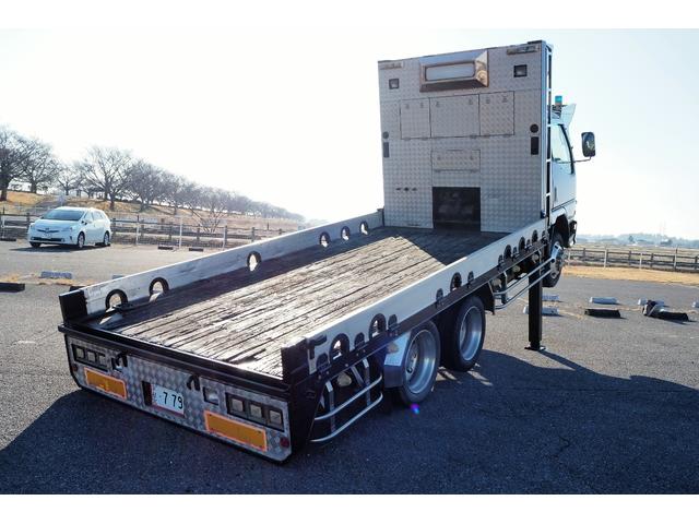 キャンター 三菱ふそう フジタボディ製 型式ｄｌ ハイジャッキ セルフローダー 重機回送車 ３軸 リアエアサス ウインチ付 積載３ ８ｔ 内フック付 荷台内寸４３０幅２０７ｃｍ 総輪アルミホイール 栃木県 フジタボディ製 型式ｄｌ ハイジャッキ セルフローダー 重機