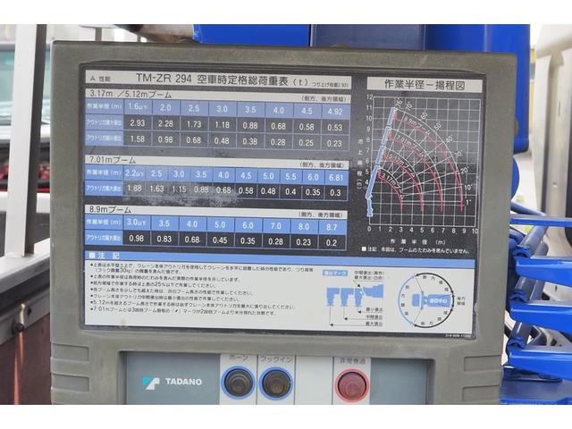 キャンター 　外装仕上げ済　煤焼き無し　タダノ製　ＴＭ－ＺＲ２９４　４段クレーン　フックイン　差し違いアウトリガー　２．９３ｔ吊　ラジコン付　平ボディ　板張り　積載３．８５ｔ　ターボ１４０馬力　坂道発進補助装置（11枚目）