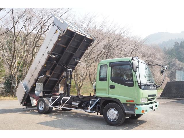 フォワード 　フルタイム４ＷＤ　四駆　ロングボディ　新明和製　ＤＲ４－０１Ｓ　ファームダンプ　深ダンプ　土砂禁　１０立米　２段式アルミブロックアオリ　三方開　リア観音開き仕様　デフロック　積載２．７５ｔ　１９０馬力（15枚目）