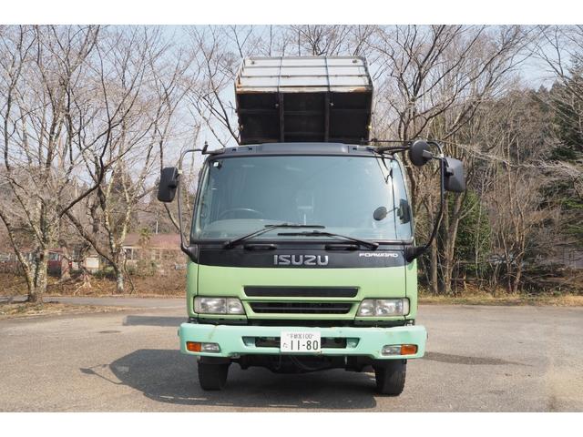 フォワード 　フルタイム４ＷＤ　四駆　ロングボディ　新明和製　ＤＲ４－０１Ｓ　ファームダンプ　深ダンプ　土砂禁　１０立米　２段式アルミブロックアオリ　三方開　リア観音開き仕様　デフロック　積載２．７５ｔ　１９０馬力（16枚目）
