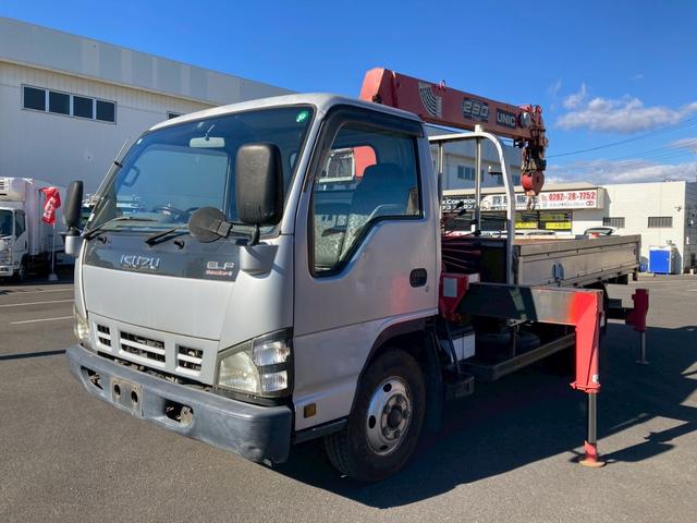 エルフトラック ５段クレーン　セミワイドロング　スムーサー　リヤアウトリガー　５段クレーンセミワイドロング古河ユニック２．９３ｔ吊スムーサーリヤアウトリガーあおり開閉補助装置ＥＴＣ　ＰＳ　ＰＷ　電格ミラーエアバック燃焼装置小型トラックユニック車差し違えアウトリガーシルバー色（3枚目）