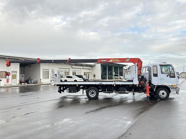 ヒノレンジャー 　クレーン付セルフローダー　上物古河ユニック　４段ブーム　ラジコン（無線）　フックイン　２．９ｔ吊　角足＆差し違いアウトリガー　積載１．６５ｔ　荷台寸法５６４×２１０×９　荷台床鉄板張り　スライドボディ（18枚目）