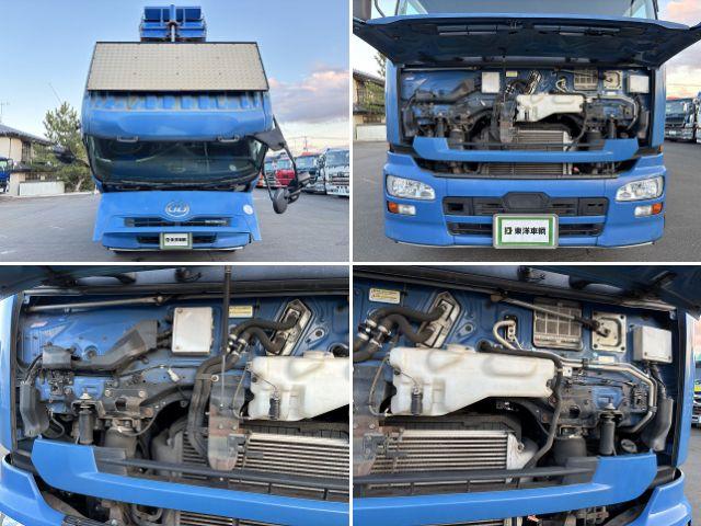 クオン 　ロング深ダンプ　上物ＫＭウイング製　積載１１．３ｔ　容量３２立米　荷台寸法８５０×２３１×１６２　荷台ハルドックス（耐摩耗鋼板）　２デフ　後方片開扉　バックモニター　走行８４．１万ｋｍ　ＡＴシフト（56枚目）