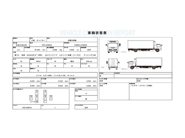 キャンター 　ワイド　ロング　メッキ　ステン　バックカメラ　キーレス　５ＭＴ　３ｔ積載　東プレ製　低温（－３０℃設定）　ＸＶ３２ＬＳＣ　左スライドドア　スタンバイ（コード欠）　リア３枚扉　ラッシング２段　床シマ板（31枚目）