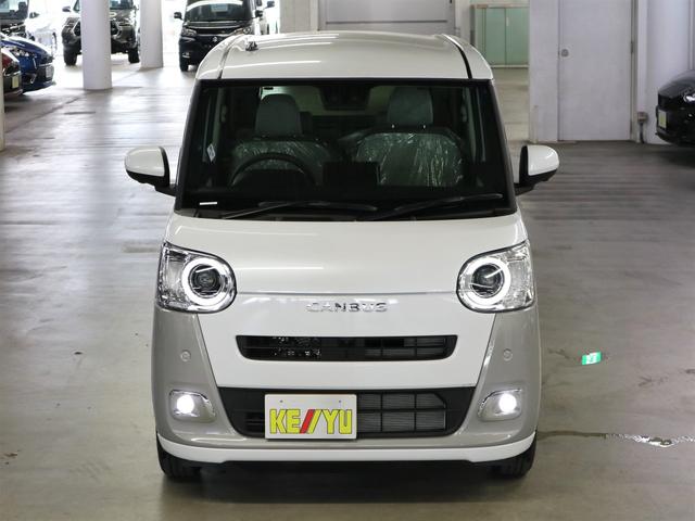 ムーヴキャンバス ストライプスＧターボ　届け出済み未使用車　パノラマモニター　新品ナビ　スマートアシスト　誤発進抑制　アダプティブクルーズ　車線逸脱警報　コーナーセンサー　両側電動スライド　シートヒーター　ホッとカップホルダー　後席置きラクＢＯＸ　ブレーキホールド　ＬＥＤライト（6枚目）