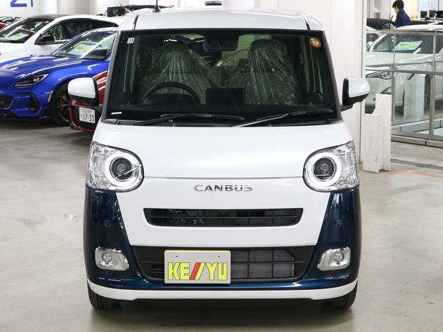 ムーヴキャンバス ストライプスＧターボ　届け出済み未使用車　パノラマモニター　新品ナビ　スマートアシスト　誤発進抑制　アダプティブクルーズ　車線逸脱警報　コーナーセンサー　両側電動スライド　シートヒーター　ホッとカップホルダー　後席置きラクＢＯＸ　ブレーキホールド　ＬＥＤライト（6枚目）