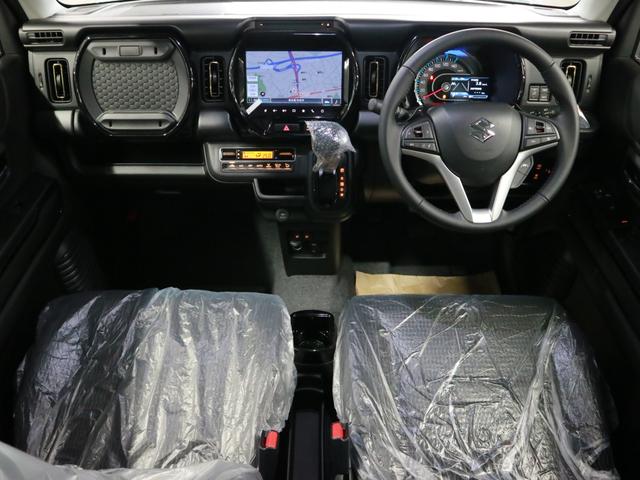 ハスラー ハイブリッドＸターボ　届け出済み未使用車　全方位モニター付メーカー９インチナビ　シートヒーター　デュアルカメラブレーキサポート　追従クルコン　パーキングセンサー　ＢＴオーディオ　フルセグＴＶ　ＵＳＢ　パドルシフト　ＬＥＤライト　純正１５ＡＷ（4枚目）