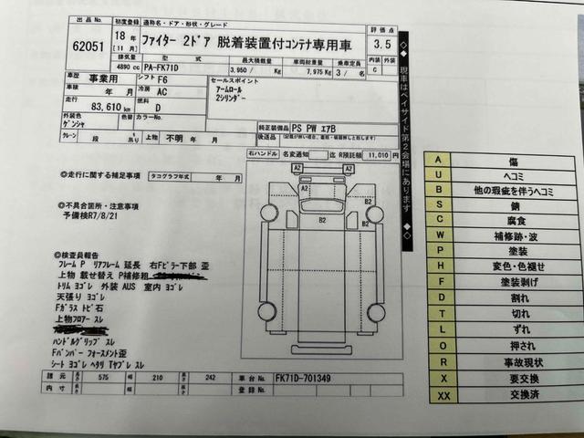 ファイター ３．９５ｔ積フックロール極東開発製Ｗシリンダー　６速ＭＴ　３．９５ｔ積み脱着装置付コンテナ専用車　４．８９Ｌディーゼルターボ　６速ＭＴ　ベッドレス　３人乗り　極東開発製フックロール　上物型式ＪＭ０４－５３　ツインホイスト　車両総重量７９７５キロ（55枚目）