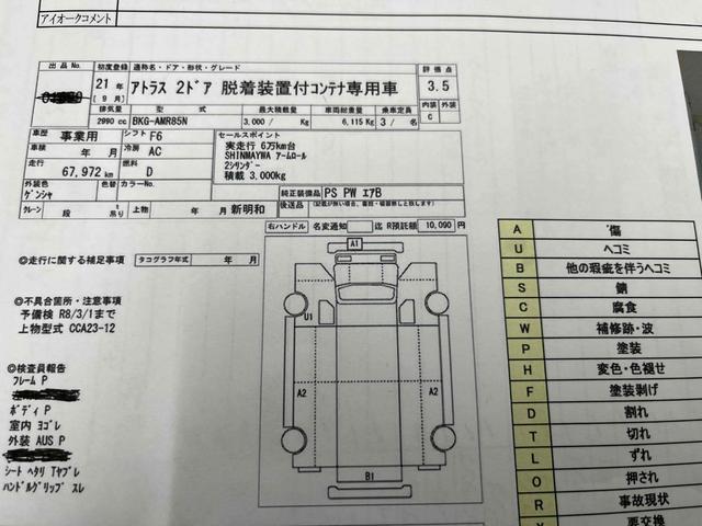アトラストラック コンテナ付3t積アームロール新明和Wシリンダー 6速MT 3t積み脱着装置付コンテナ専用車 6速MT 新明和製アームロール 型式CCA23-12 ツインホイスト キャブバックデッキ付 観音開き仕様コンテナ付 タイヤ山6分 車両総重量6115キロ(54枚目)