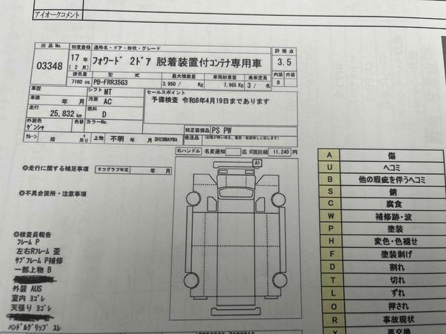 フォワード ３．９５ｔ積アームロール新明和Ｗシリンダー　フルキャブＭＴ　３．９５ｔ積み脱着装置付コンテナ専用車　７．１６Ｌディーゼルターボ　５速ＭＴ　フルキャブ車　塗装済み　新明和製アームロール　ＣＣＡ４－４０　ツインホイスト　タイヤ山８分　車両総重量７９６５キロ（57枚目）