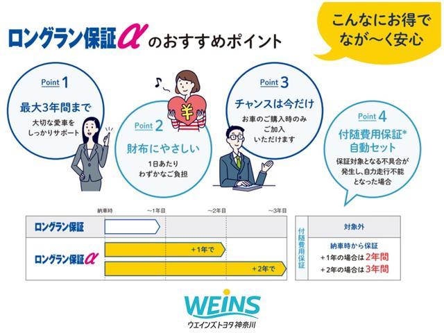 【ロングラン保証α】無料保証期間１年に安心をプラスする１年または２年の延長保証（ロングラン保証α）がお選びいただけます。もちろん走行距離無制限です。