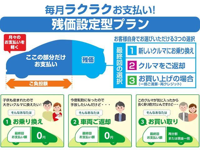 毎月のお支払いがラクラクな、「残価設定プラン」も取り扱っております！最終回はお客様自身で、（１）新しいクルマにお乗り換え　（２）クルマをご返却　（３）お買い上げの３つの選択肢からお選びいただけます。