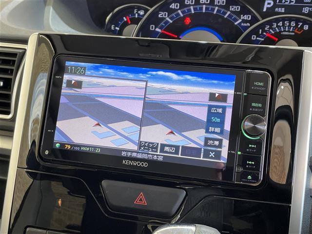 タント カスタムＸ　４ＷＤ　左側パワースライドドア　アイドリングストップ　ＫＥＮＷＯＯＤナビ　バックカメラ　フルセグＴＶ　オートエアコン　ロールサンシェード　オートライト　ＬＥＤヘッドライト　純正１４インチアルミホイール（7枚目）