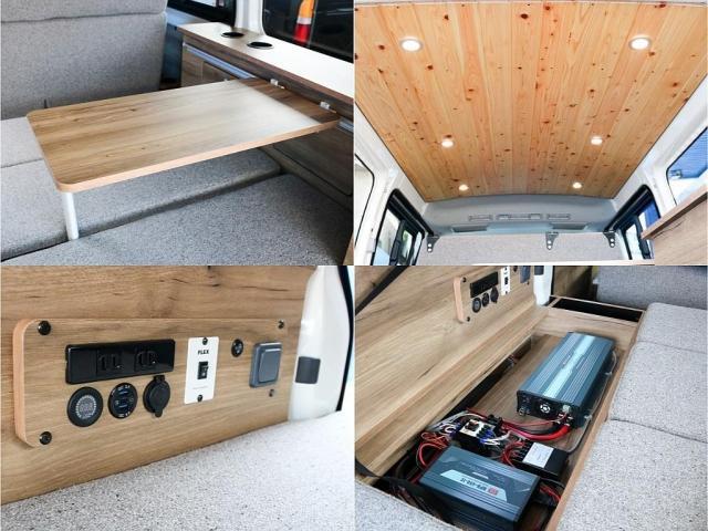 ハイエースバン ロングDX 8ナンバーキャンピングカー Wood Village サブバッテリー インバーター 外部充電 シンク コンロ ベッドキット ダウンライト アルパインBIG-X11ナビ ブラックエディション カスタム(39枚目)