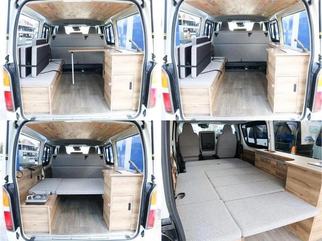 ハイエースバン ロングDX 8ナンバーキャンピングカー Wood Village サブバッテリー インバーター 外部充電 シンク コンロ ベッドキット ダウンライト アルパインBIG-X11ナビ ブラックエディション カスタム(40枚目)