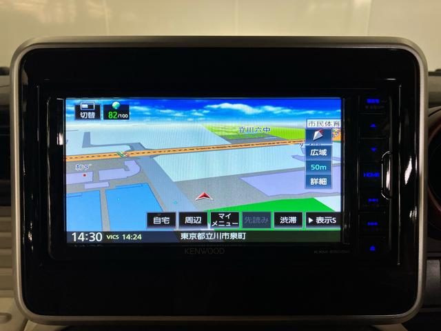 スペーシア ハイブリッドX 禁煙 ケンウッドナビ 両側電動スライドドア 追突被害軽減ブレーキ リアカメラ スマートキー シートヒーター サイドエアバック Bluetooth USB 地デジ CD/DVD レーンキープ ETC(4枚目)