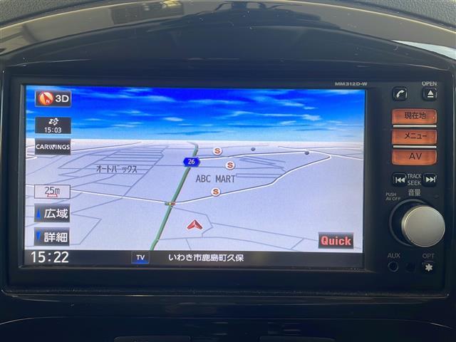 ジューク 15RX タイプV 純正SDナビ(ワンセグTV/CD再生/AUX)バックカメラ/プッシュスタート/ETC/社外デジタルインナーミラー/純正フロアマット/社外16インチAW/ハロゲンヘッドライト/フォグランプ/スマートキー(3枚目)