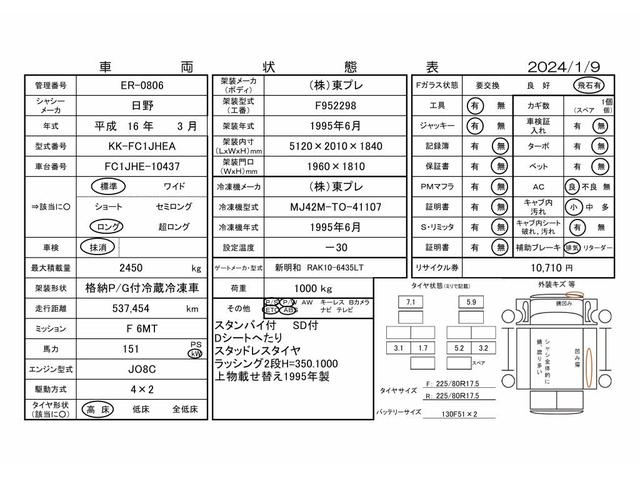 ヒノレンジャー ４ｔ標準　冷蔵冷凍車　低温　格納パワーゲート　載替Ｈ７年式（29枚目）