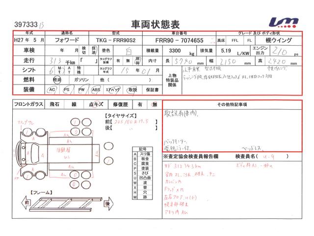 フォワード 　幌ウイング・６ＭＴ・積載３．３００・小平産業製・ラッシング１段・床鉄板張り・バックカメラ・電格ミラー・距離３１３．０００ｋｍ（20枚目）